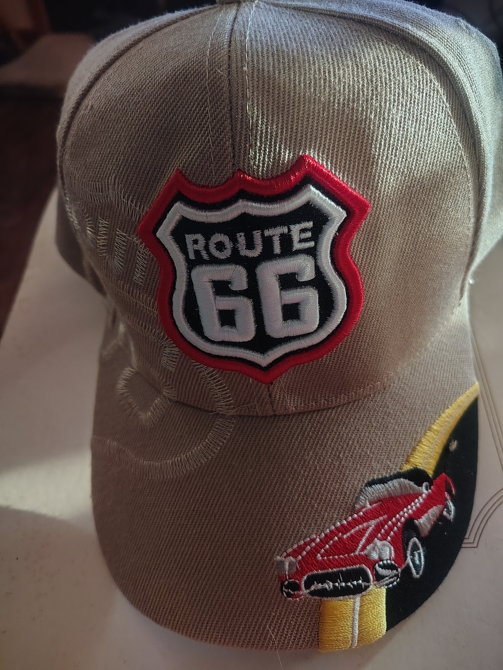 Route 66 Men's Tan Cap with Red and Black Patches